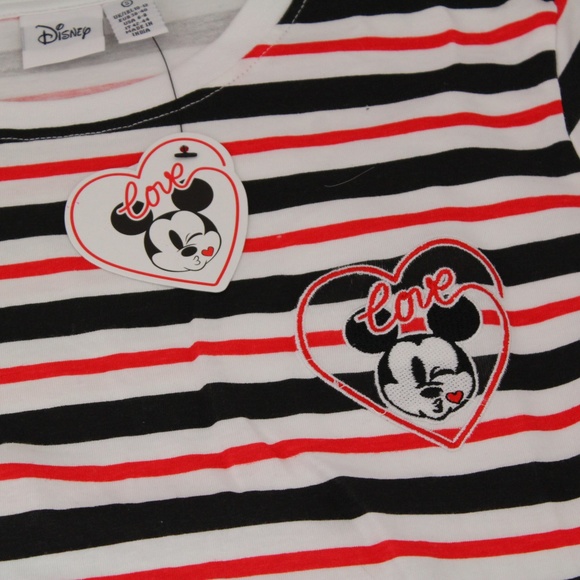 Retro Style Mickey Mouse Striped Embroidered Tie Hem T-Shirt Crop Top - Picture 3 of 4